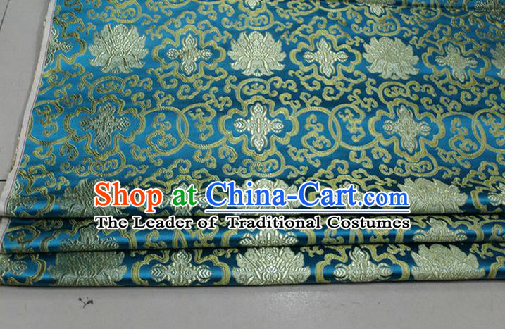 Chinese Traditional Royal Palace Golden Rich Flowers Pattern Lake Blue Brocade Cheongsam Fabric, Chinese Ancient Costume Satin Hanfu Tang Suit Material