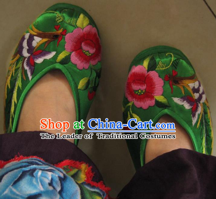 Traditional Chinese Ancient Princess Shoes Green Cloth Embroidered Shoes, China Handmade Embroidery Phoenix Peony Hanfu Shoes for Women