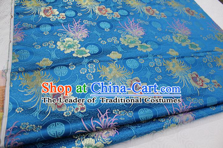 Chinese Traditional Royal Palace Longevity Chrysanthemum Pattern Tang Suit Cheongsam Blue Brocade Fabric, Chinese Ancient Costume Hanfu Material