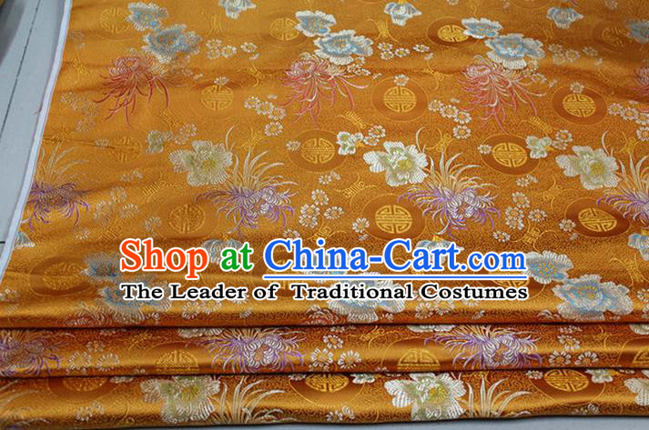 Chinese Traditional Royal Palace Longevity Chrysanthemum Pattern Tang Suit Cheongsam Yellow Brocade Fabric, Chinese Ancient Costume Hanfu Material