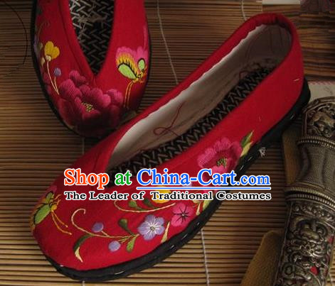 Traditional Chinese Ancient Princess Shoes Red Cloth Embroidered Shoes, China Handmade Embroidery Flowers Hanfu Shoes for Women