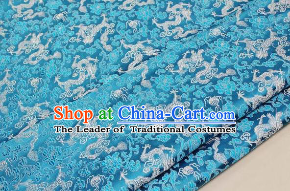Chinese Traditional Palace Dragons Pattern Cheongsam Light Blue Brocade Fabric, Chinese Ancient Costume Tang Suit Hanfu Satin Material