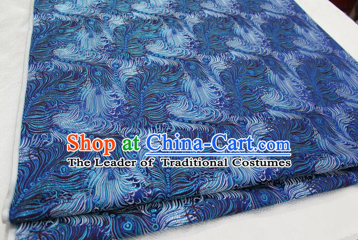 Chinese Traditional Ancient Costume Palace Feather Pattern Tang Suit Blue Brocade Cheongsam Satin Fabric Hanfu Material