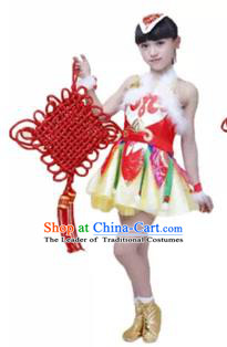 Traditional Chinese Yangge Fan Dance Costume, Folk Dance Drum Dance Uniform Yangko Short Dress Clothing for Kids