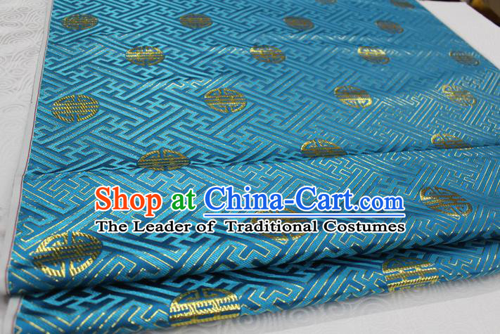 Chinese Traditional Mongolian Robe Clothing Palace Longevity Pattern Tang Suit Blue Brocade Ancient Costume Satin Fabric Hanfu Material