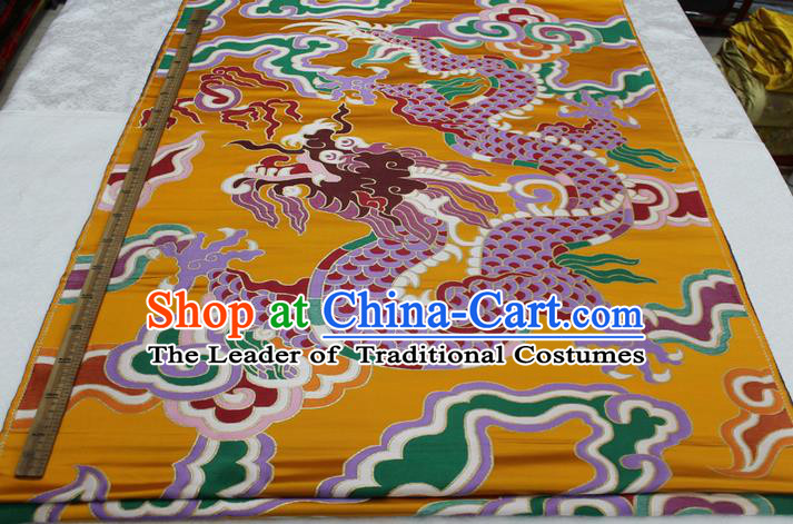 Chinese Traditional Ancient Costume Royal Palace Dragon Pattern Mongolian Robe Yellow Brocade Cheongsam Satin Fabric Hanfu Material