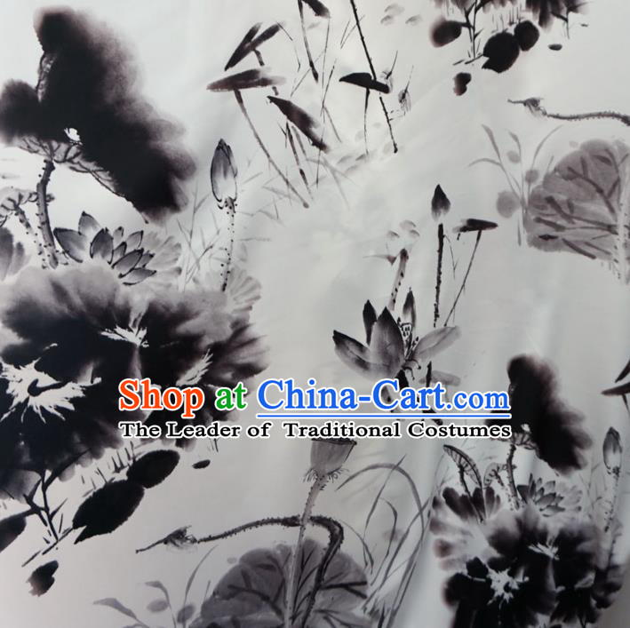 Chinese Traditional Clothing Royal Court Ink Painting Lotus Tang Suit White Brocade Ancient Costume Cheongsam Satin Fabric Hanfu Material