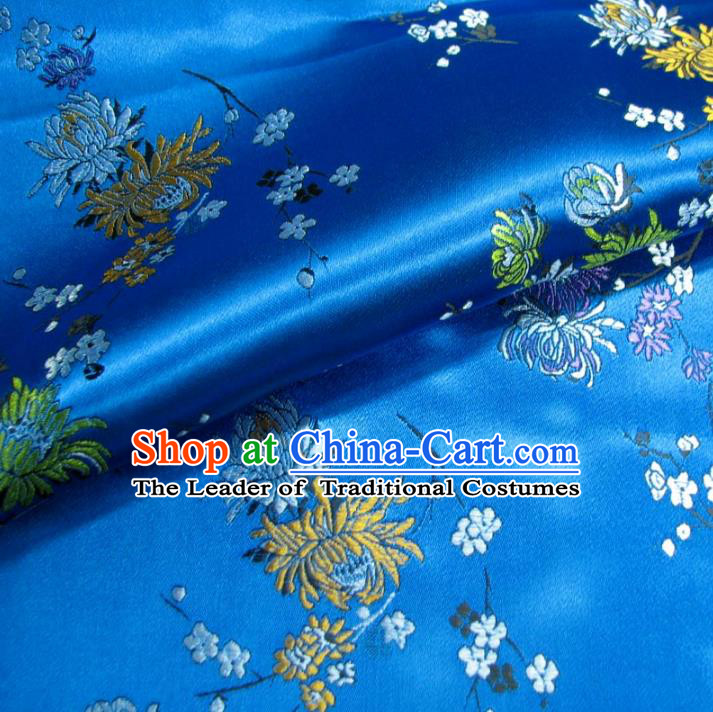 Chinese Traditional Royal Court Chrysanthemum Pattern Blue Brocade Ancient Costume Tang Suit Cheongsam Bourette Fabric Hanfu Material