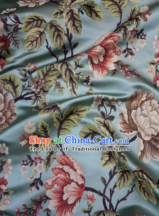 Chinese Traditional Royal Court Peony Pattern Blue Brocade Ancient Costume Tang Suit Cheongsam Bourette Fabric Hanfu Material