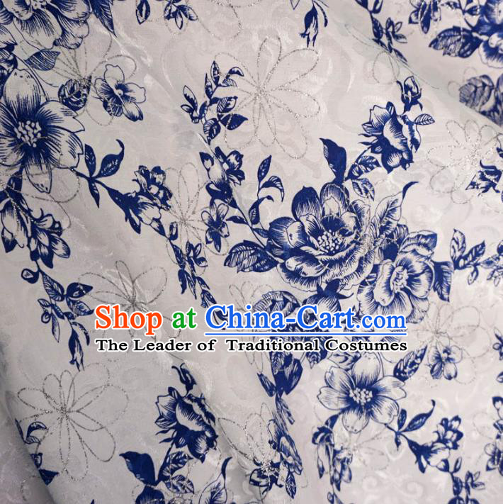 Chinese Traditional Royal Palace Blue Peony Pattern Design White Brocade Fabric Ancient Costume Tang Suit Cheongsam Hanfu Material