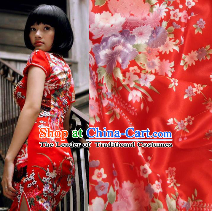 Chinese Traditional Royal Palace Printing Flowers Design Hanfu Red Brocade Fabric Ancient Costume Tang Suit Cheongsam Material