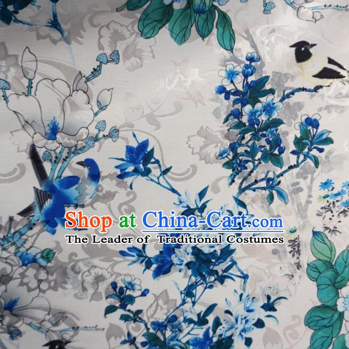 Chinese Traditional Palace Printing Flowers Birds Pattern Hanfu White Brocade Fabric Ancient Costume Tang Suit Cheongsam Material