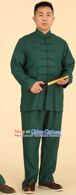 Traditional Chinese Kung Fu Green Linen Costume, China Martial Arts Uniform Tai Ji Tang Suit Clothing for Men