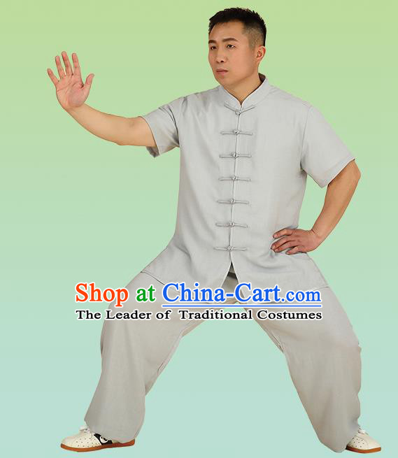 Chinese Linen Kung Fu Short Sleeve Grey Costume, China Traditional Martial Arts Kung Fu Tai Ji Plated Buttons Uniform for Men