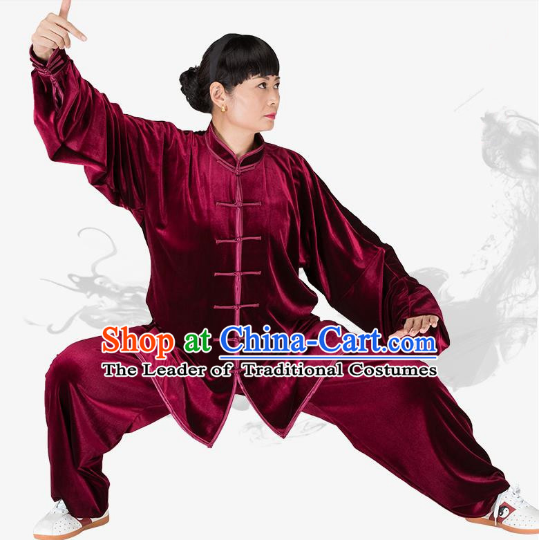 Chinese Kung Fu Wine Red Velvet Costume, China Traditional Martial Arts Kung Fu Tai Ji Uniform for Women for Men