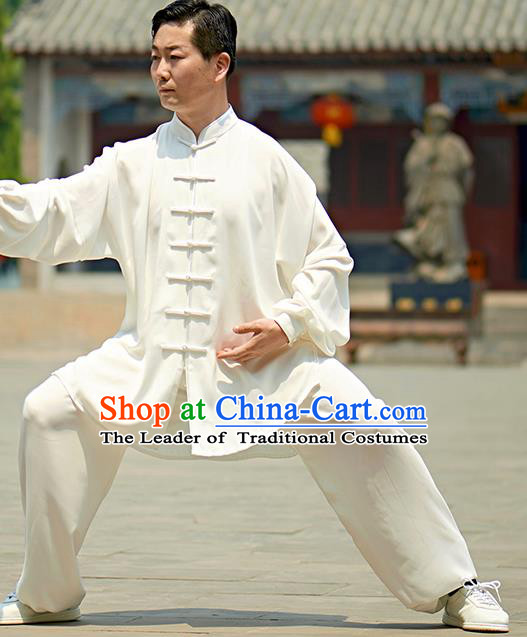 Chinese Kung Fu Plated Buttons Costume, Traditional Martial Arts Kung Fu Tai Ji White Uniform for Women for Men