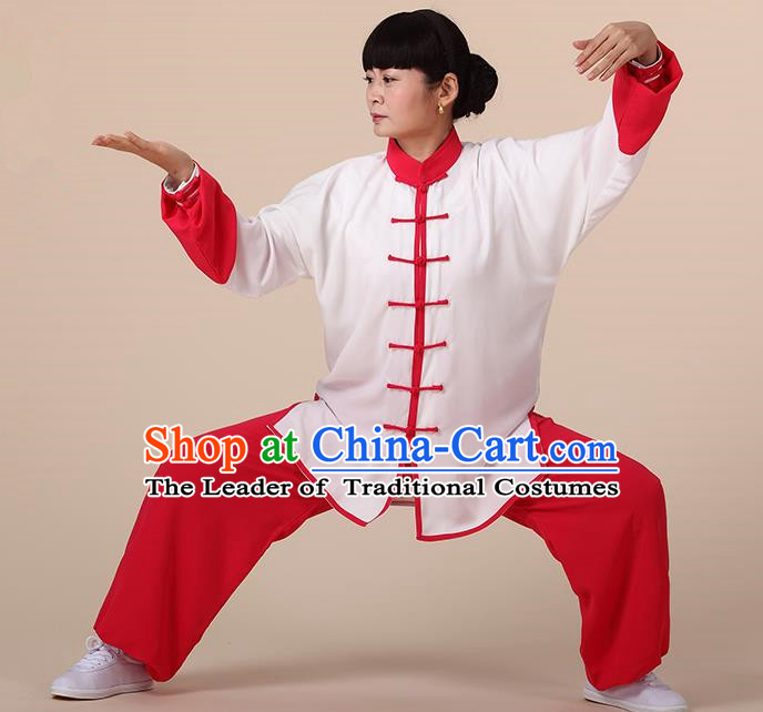 Chinese Kung Fu Red Plated Buttons Costume, Traditional Martial Arts Kung Fu Tai Ji Uniform for Women for Men