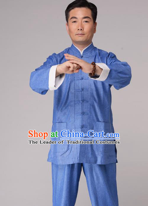 Traditional Chinese Kung Fu Blue Linen Costume, China Martial Arts Uniform Tai Ji Tang Suit Plated Buttons Clothing for Men