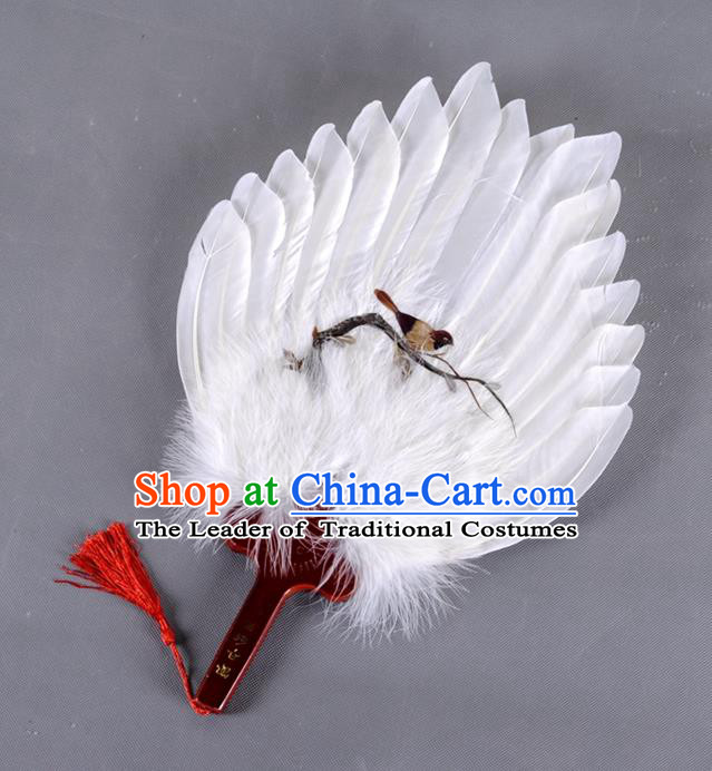 Traditional Chinese Crafts Folding Fan China White Feather Fan Printing Bird Oriental Fan Zhuge Liang Fans