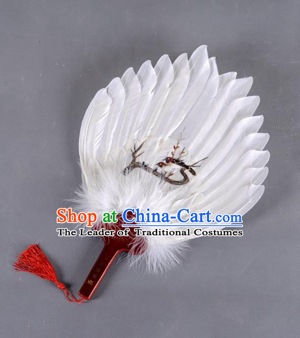 Traditional Chinese Crafts Folding Fan China White Feather Fan Printing Magpie Oriental Fan Zhuge Liang Fans