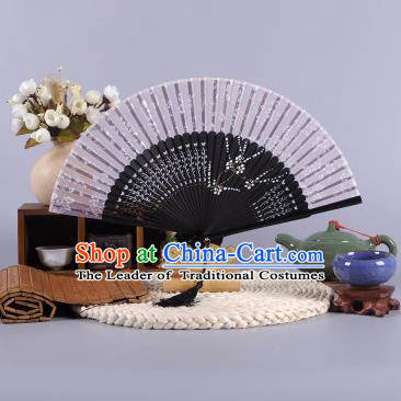 Traditional Chinese Crafts Hand Painted Wintersweet Grey Silk Folding Fan China Oriental Fans for Women