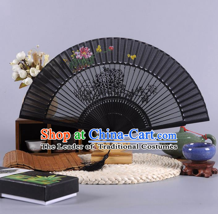 Traditional Chinese Crafts Hollow Out Peony Folding Fan China Oriental Black Bamboo Fans for Women