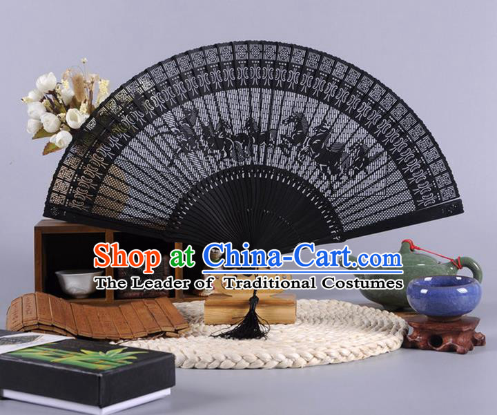 Traditional Chinese Crafts Hollow Out Eight Horses Folding Fan China Oriental Black Bamboo Fans for Women