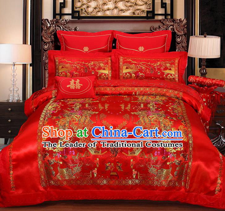 Traditional Asian Chinese Wedding Red Satin Qulit Cover Embroidered Hundred Children Bedding Sheet Four-piece Duvet Cover Textile Complete Set