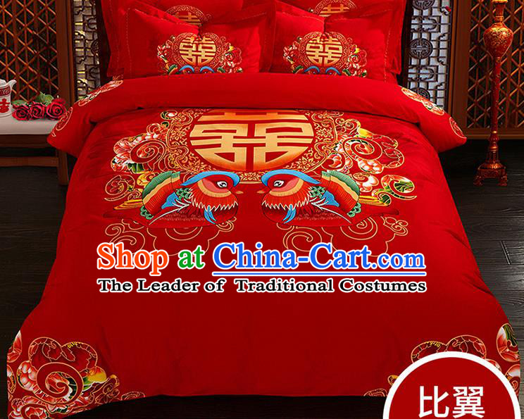 Traditional Chinese Wedding Red Qulit Cover Printing Mandarin Duck Bedding Sheet Four-piece Duvet Cover Textile Complete Set
