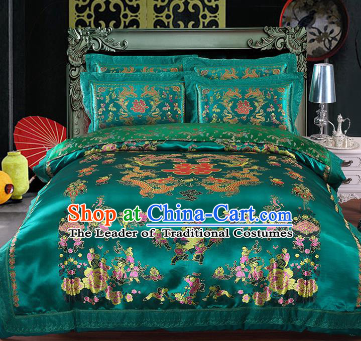 Traditional Asian Chinese Wedding Green Satin Qulit Cover Embroidered Hundred Children Bedding Sheet Four-piece Duvet Cover Textile Complete Set
