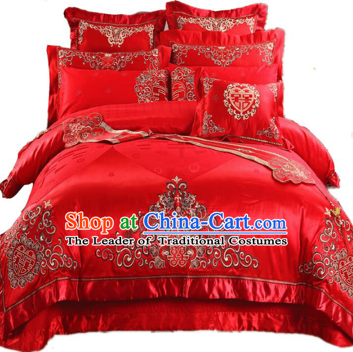 Traditional Chinese Wedding Red Satin Qulit Cover Bedding Sheet Embroidered Twelve-piece Duvet Cover Textile Complete Set