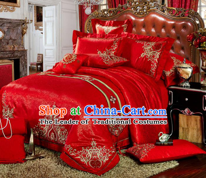 Traditional Chinese Style Wedding Bedding Article Embroidery Dragon and Phoenix Sheet and Duvet Cover Red Textile Bedding Suit
