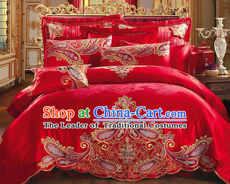 Traditional Asian Chinese Wedding Palace Qulit Cover Bedding Sheet Embroidered Ten-piece Duvet Cover Textile Bedding Suit
