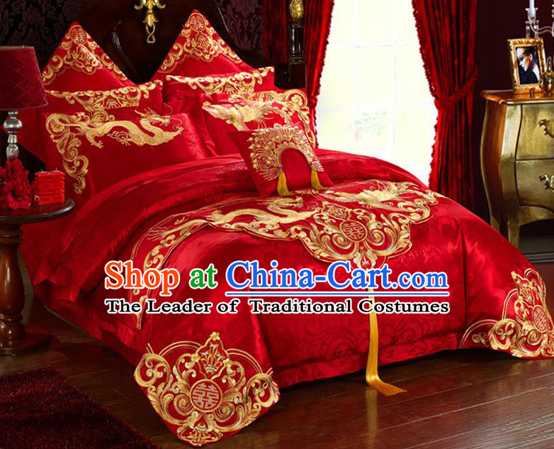 Traditional Asian Chinese Wedding Palace Qulit Cover Bedding Sheet Embroidered Dragon Phoenix Eleven-piece Duvet Cover Textile Complete Set