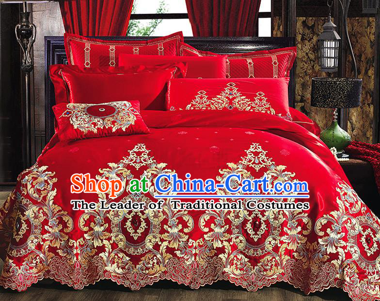 Traditional Asian Chinese Wedding Palace Qulit Cover Bedding Sheet Embroidered Ten-piece Duvet Cover Textile Complete Set