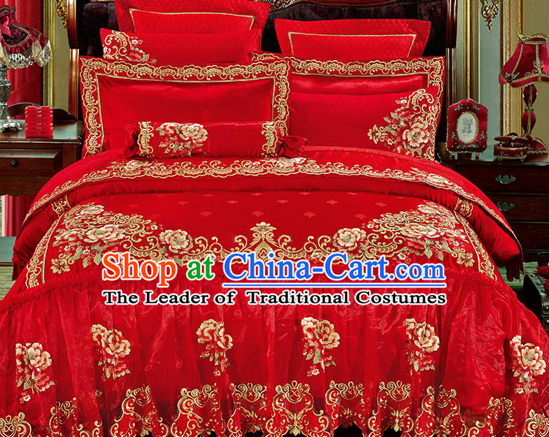 Traditional Asian Chinese Wedding Palace Qulit Cover Bedding Sheet Embroidered Flowers Red Satin Ten-piece Duvet Cover Textile Complete Set