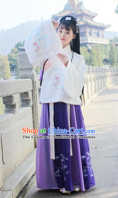 Traditional Chinese Ancient Ming Dynasty Princess Hanfu Costume Embroidered White Blouse and Purple Skirt for Women