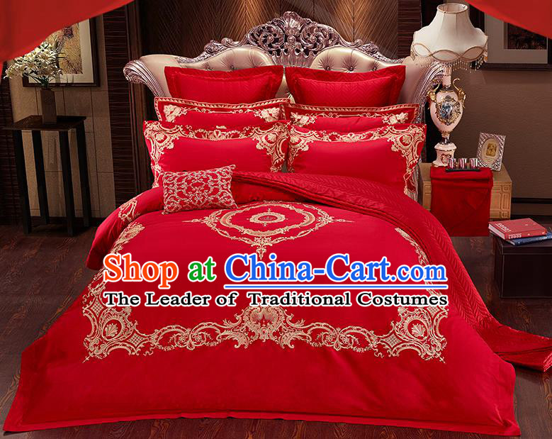 Traditional Asian Chinese Wedding Red Palace Qulit Cover Embroidered Bedding Sheet Ten-piece Duvet Cover Textile Complete Set