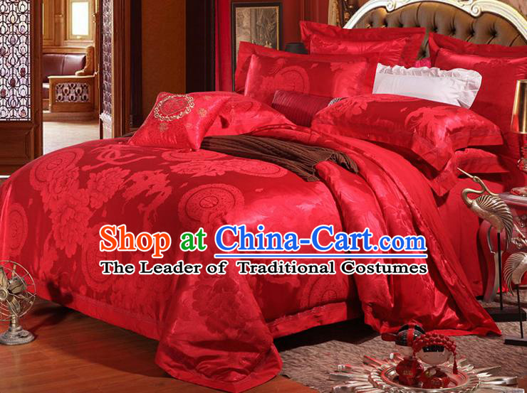 Traditional Chinese Wedding Red Satin Embroidered Phoenix Four-piece Bedclothes Duvet Cover Textile Qulit Cover Bedding Sheet Complete Set