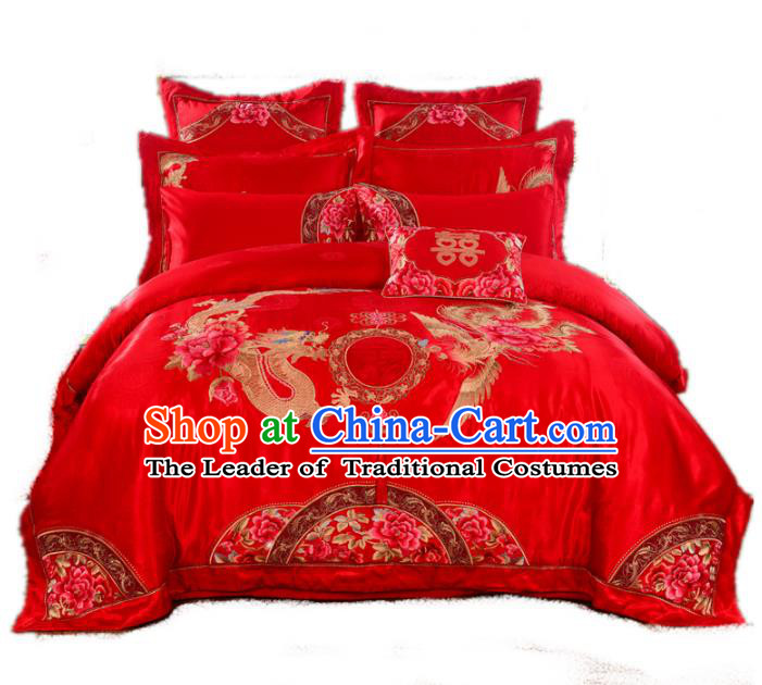 Traditional Chinese Wedding Red Embroidered Phoenix Peony Ten-piece Bedclothes Duvet Cover Textile Qulit Cover Bedding Sheet Complete Set