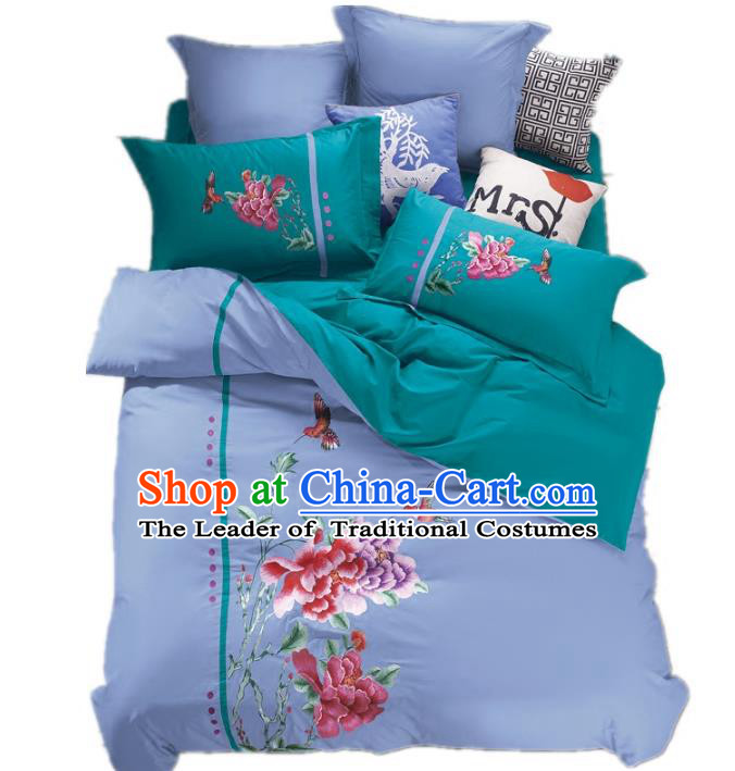 Traditional Chinese Wedding Blue Embroidered Peony Ten-piece Bedclothes Duvet Cover Textile Qulit Cover Bedding Sheet Complete Set