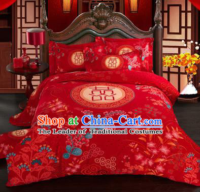 Traditional Chinese Wedding Printing Flowers Red Four-piece Bedclothes Duvet Cover Textile Qulit Cover Bedding Sheet Complete Set