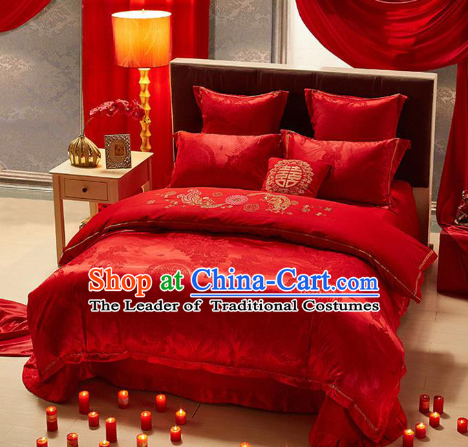 Traditional Chinese Wedding Embroidered Dragon Phoenix Red Satin Six-piece Bedclothes Duvet Cover Textile Qulit Cover Bedding Sheet Complete Set