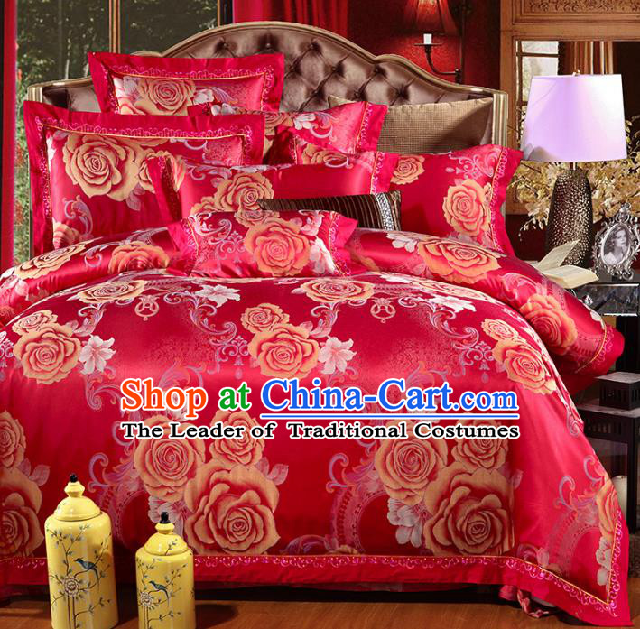 Traditional Chinese Wedding Printing Rose Red Satin Six-piece Bedclothes Duvet Cover Textile Qulit Cover Bedding Sheet Complete Set