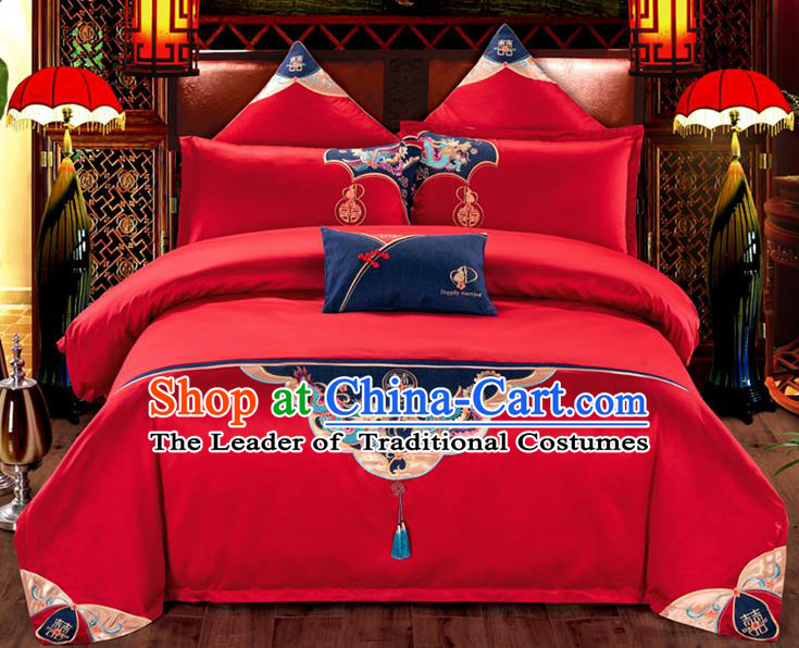 Traditional Chinese Wedding Embroidered Red Seven-piece Bedclothes Duvet Cover Textile Qulit Cover Bedding Sheet Complete Set