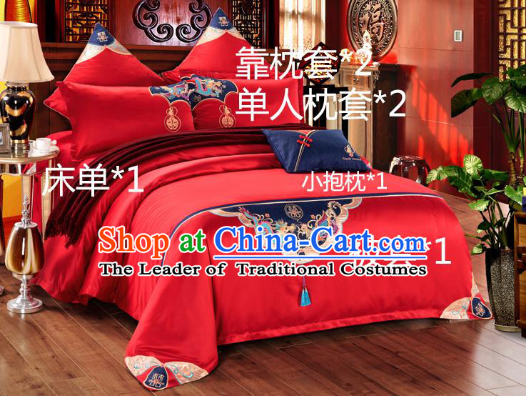 Traditional Chinese Style Wedding Bedding Article Embroidery Dragon and Phoenix Sheet and Duvet Cover Red Textile Bedding Suit