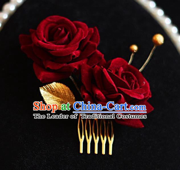 Chinese Traditional Bride Hair Jewelry Accessories Wedding Rose Hair Comb for Women