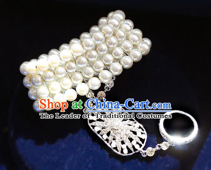Chinese Traditional Bride Jewelry Accessories Baroque Princess Pearls Bracelets with Rings for Women