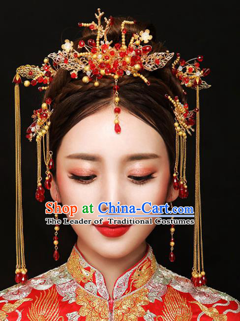Chinese Traditional Bride Hair Jewelry Accessories Xiuhe Suit Phoenix Coronet Wedding Tassel Headwear for Women