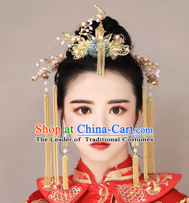 Chinese Traditional Bride Hair Jewelry Accessories Palace Xiuhe Suit Tassel Hairpins Wedding Blueing Phoenix Coronet for Women
